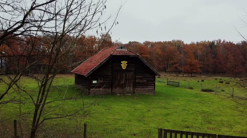 Wooden barn stands in an open field, framed by autumn foliage, with vibrant trees in shades of orange and yellow against a cloudy sky. Rural scenery captures nature