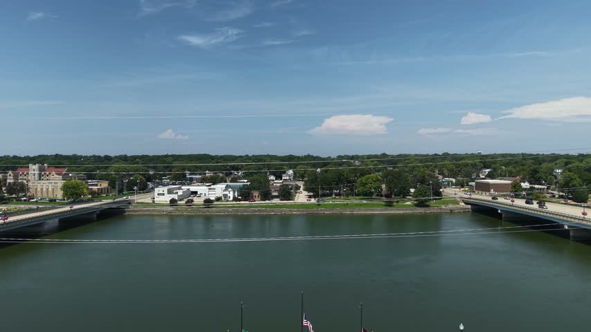 Drone View of Riverfront Park by Rock River in Dixon, Illinois USA