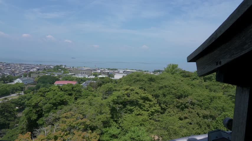 Panoramic View of Hikone City and Lake Biwa from Hikone Castle Tenshukaku Observation Deck, National Treasure Samurai Castle in Shiga, Japan