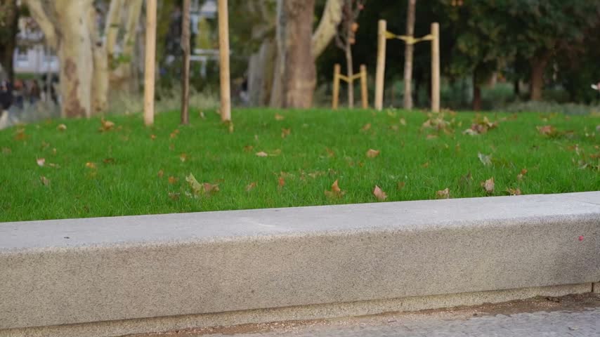 Joyful multicultural couple sitting on a bench in a public park. The man and woman are smiling, talking, and taking a selfie together