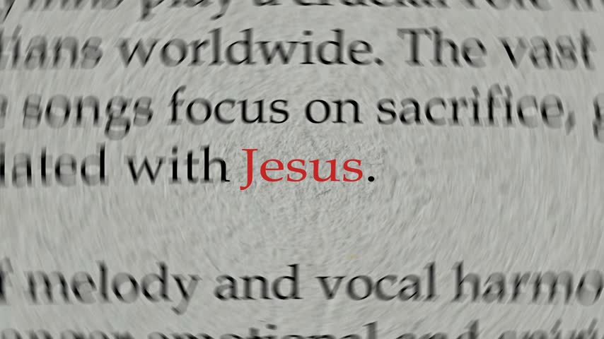 Cinematic typography match cut animation highlighting the word Jesus in red across different printed pages. Creative text transitions representing Christianity, religion, faith stock video