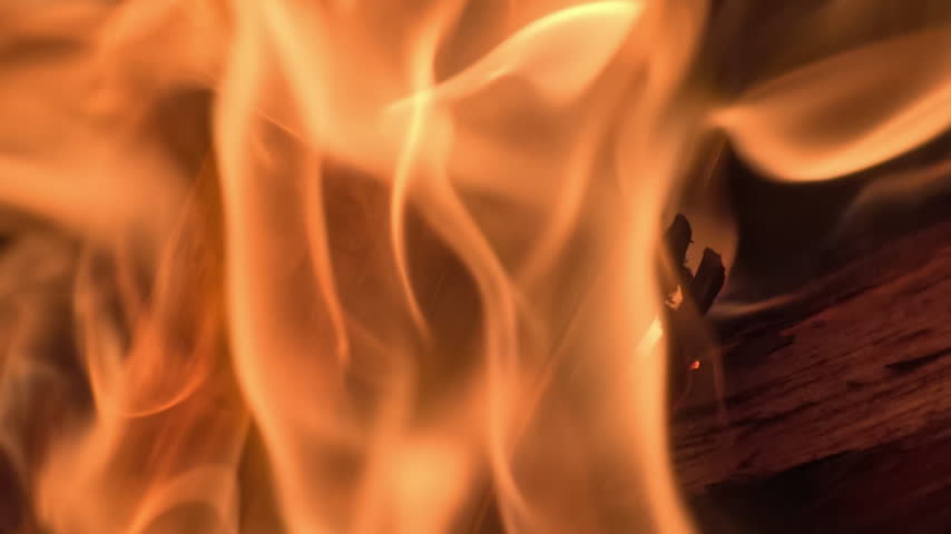 Close-up of a campfire at a campsite, Slow motion
