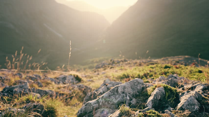 Warm sunlight filtering through mountain valley, rocky ground, green grass, moss during sunrise or sunset, creating peaceful natural landscape with dramatic light and serene outdoor atmosphere