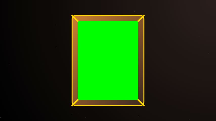 A vertical rectangular picture frame features a glowing golden outline surrounding a green screen chroma key background. Ideal for product presentation, branding template, and commercial video