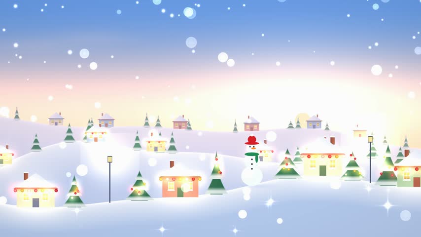 Tiny snow covered cottages with warm glowing windows and smoking chimneys nestle on rolling white hills under a soft peach and sky blue sunset. Twinkling lights decorate the eaves and pine trees while a cheerful snowman and glowing street lamps watch the flakes drift down. Every roof line stays crisp thanks to 3xssaa sampling anti aliasing in full 4K at 60 fps. Gentle parallax sway gives the layers depth and the animation runs endlessly with no visible jump for holiday greetings winter travel promotions and festive titles.