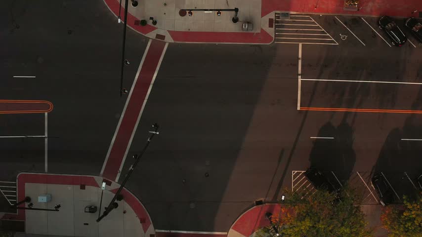 Overhead drone shot looking straight down at a busy street intersection in Middletown Connecticut