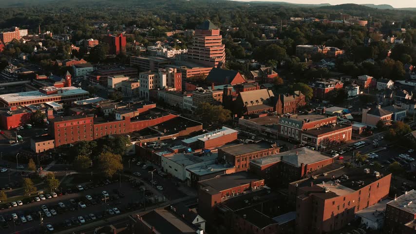 Aerial shot of downtown Middletown Connecticut showcasing historic buildings and the main street