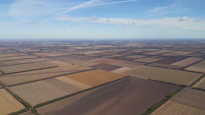 High altitude drone view of vast agricultural fields and patchwork farmlands with tree line boundaries extending to the distant clear horizon.