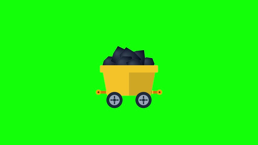 Rolling yellow mine cart loaded with black rocks moves across bright green background. Digital motion graphics sequence depicts industrial transport.