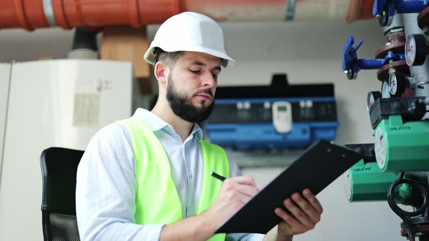 Happy bearded engineer wearing a white hard hat and high-visibility vest, writing on a clipboard while inspecting equipment in a plant room. Confident worker smiles at camera.