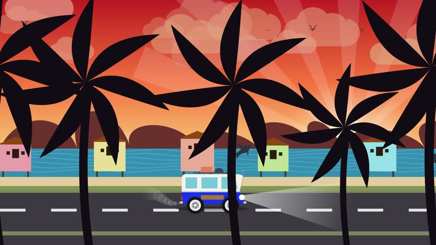 Seamless flat animation of vintage vans driving along a coastal road at sunset with palm tree silhouettes and colorful beach huts. Ideal for retro travel and summer vacation video projects.