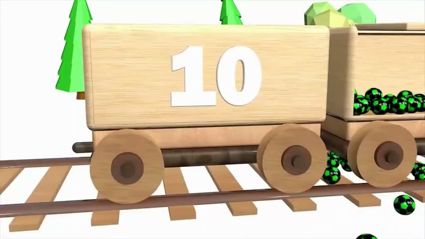 Number 10 wooden toy train wagon opens and black and white soccer balls spill onto the railway track, 3D animation for counting and learning numbers