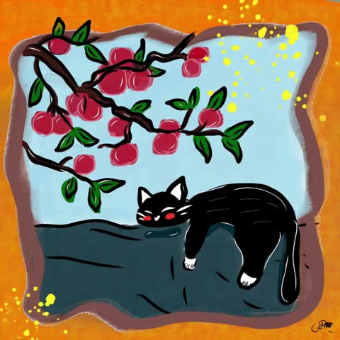 Cute cat sleeping peacefully under a tree, relaxing in a quiet natural outdoor setting. Simple hand drawn illustration suitable for nature, pet, relaxation and cozy themed projects.