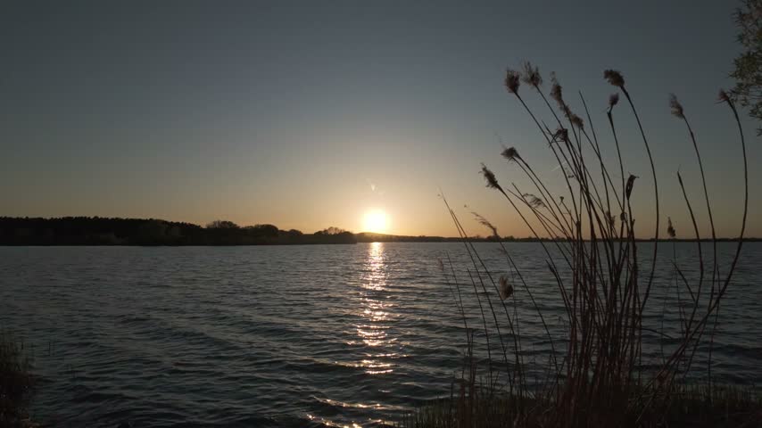 Calm sunset over Lake Altmuhlsee near Gunzenhausen, Germany. Slow motion landscape featuring a colourful evening sky, gently rippling water, and silhouetted reeds in the foreground.