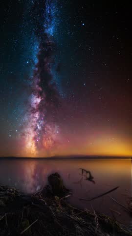 A night landscape,  a lake with a reflection in the water and a dry tree stump on the shore, set against a starry sky featuring the Milky Way.