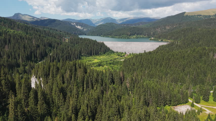 The reservoir stretches across the middle distance beyond a bright wetland and dense evergreen slopes.