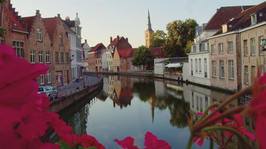 Historic Canal with Medieval Buildings in Bruges, Belgium.
