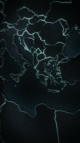 Vertical digital map animation of Greece, Europe featuring a glowing red alert highlight, neon cyan country borders, and bold white typography over a dark tactical interface. This portrait-oriented motion graphic is ideal for short-form social media campaigns, mobile news promos, and digital advertising targeting current events.
