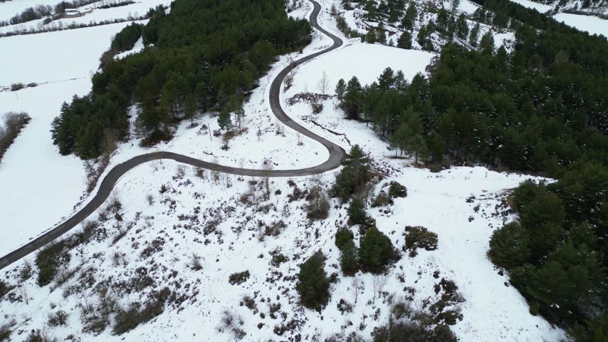Winding road through snow-covered landscape