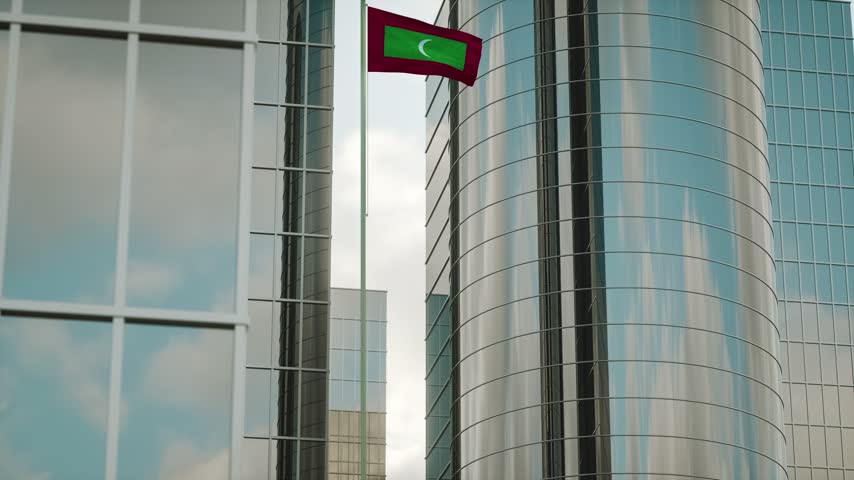 Maldives Flag on Pole, City Buildings