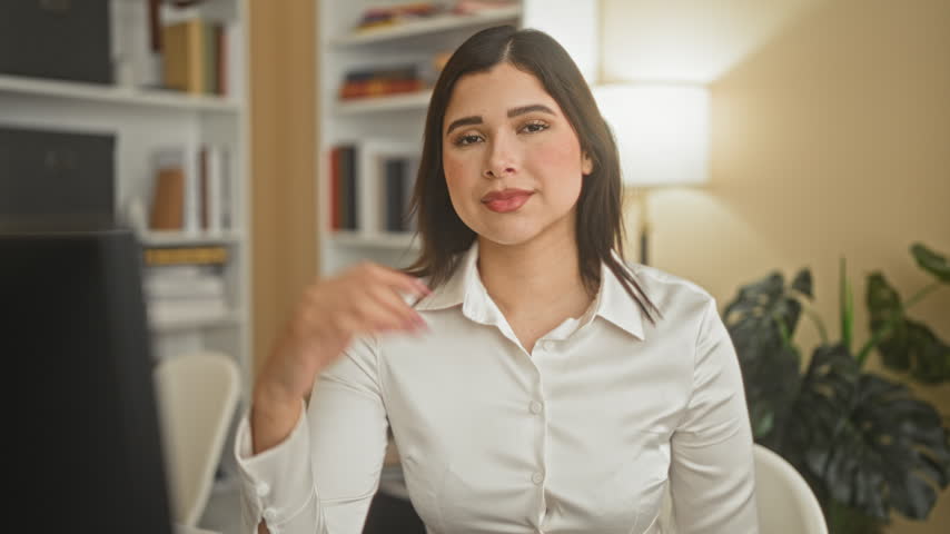 Woman in white blouse rests chin on hand smiling at computer in office building near bookshelf and lamp; warm confidence.