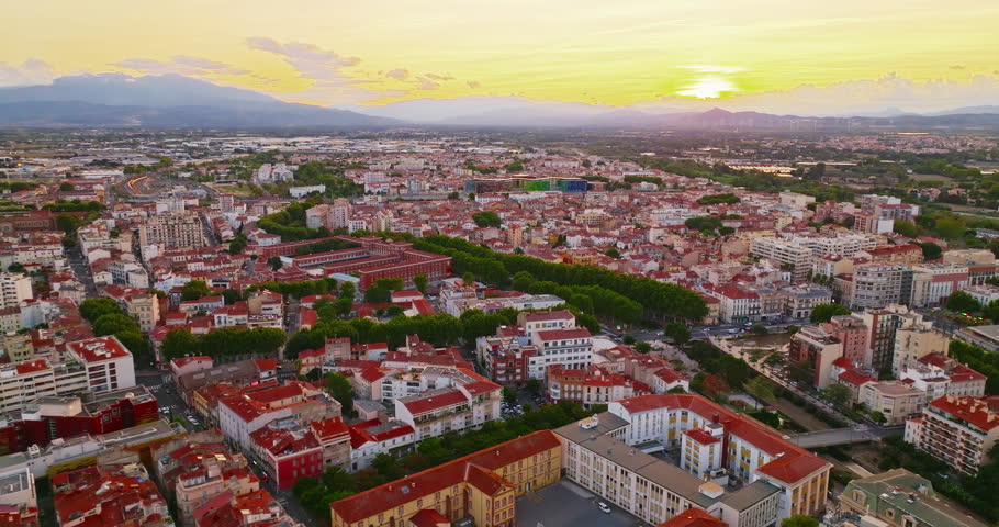 Aerial view of the beautiful historic city center of Perpignan, located in southern France near the Spanish border and the Mediterranean coast
