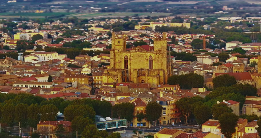 Aerial view the beautiful historic city of Montpellier in southern France, known for its architecture, charming streets, the Place de la Comedie, its old town center, and its Mediterranean atmosphere