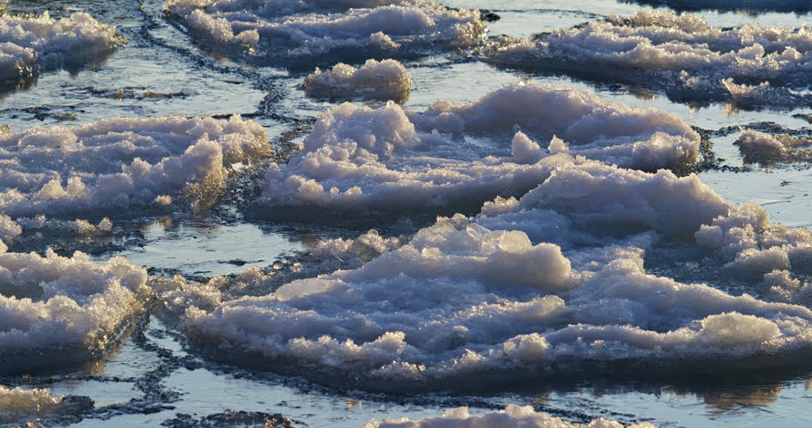 Static close winter view shows rounded pancake ice floating on dark Lake Superior water and sparkling in warm low-angle sunlight near Presque Isle Park.