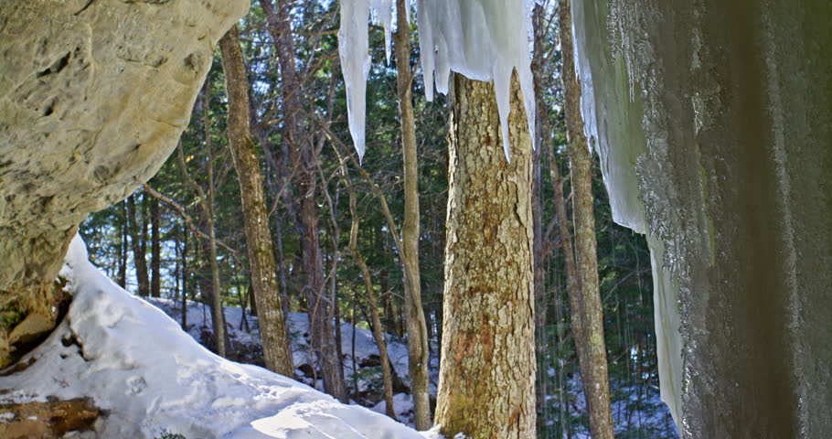 Static side view frames a thick ice curtain and hanging icicles beneath rock with snowy woodland visible beyond the Eben Ice Caves in Michigan.