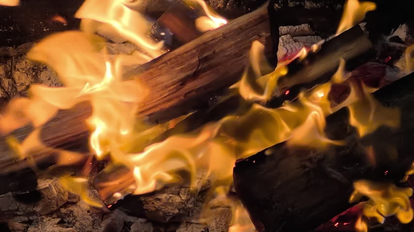 Close-up of a campfire at a campsite, Slow motion