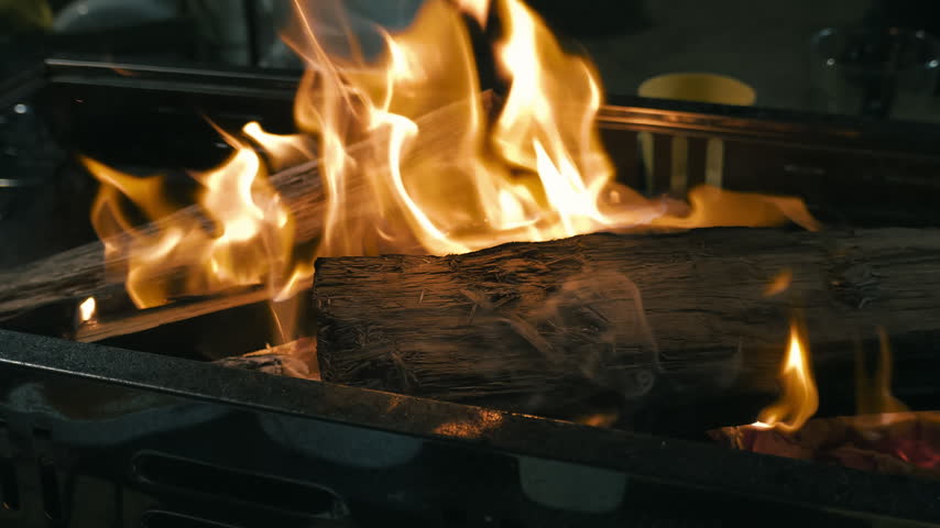 Close-up of a campfire at a campsite, Slow motion