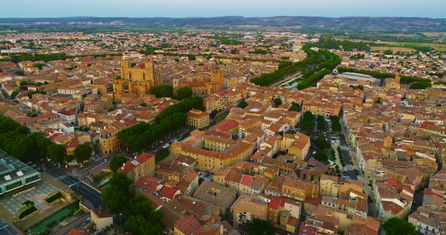 Aerial view the beautiful historic city of Montpellier in southern France, known for its architecture, charming streets, the Place de la Comedie, its old town center, and its Mediterranean atmosphere