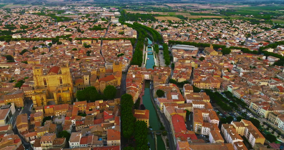 Aerial view the beautiful historic city of Montpellier in southern France, known for its architecture, charming streets, the Place de la Comedie, its old town center, and its Mediterranean atmosphere