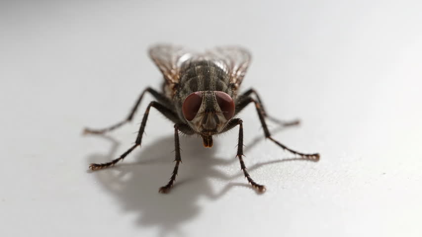 Macro view of a fly with large compound eyes on a white surface.