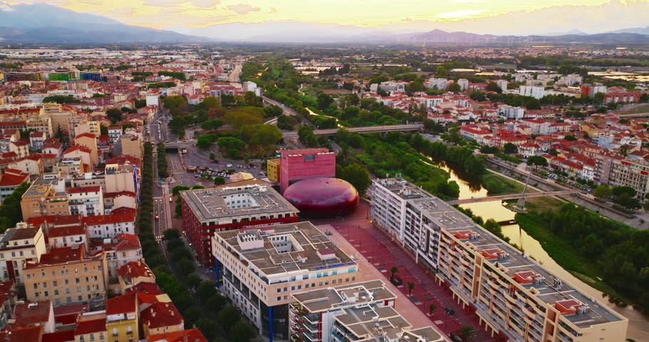 Aerial view of the beautiful historic city center of Perpignan, located in southern France near the Spanish border and the Mediterranean coast