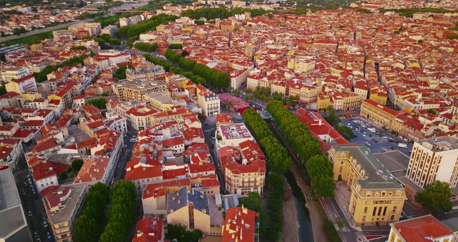 Aerial view of the beautiful historic city center of Perpignan, located in southern France near the Spanish border and the Mediterranean coast