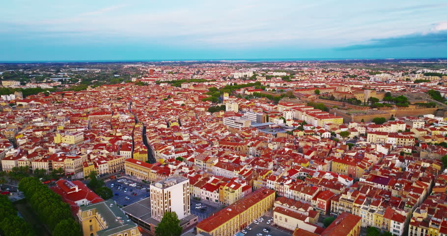 Aerial view of the beautiful historic city center of Perpignan, located in southern France near the Spanish border and the Mediterranean coast