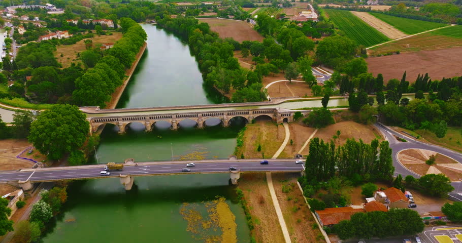 Aerial view of Beziers, charming historic city in southern France, known for the Cathedral of Saint Nazaire, the Canal du Midi, picturesque streets, traditional French architecture