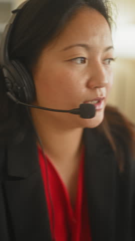 Woman speaking into headset microphone, call center agent wearing red blouse and blazer in an office building; focused.