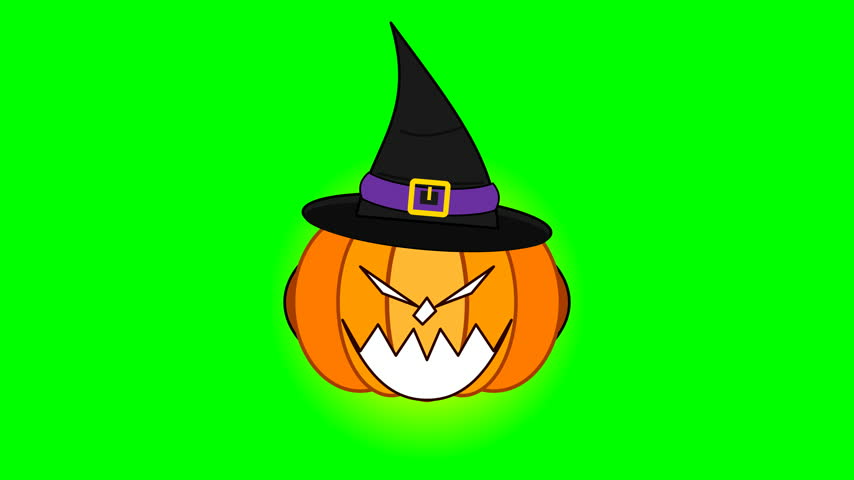 Premium 3D flat vector floating scary jack-o-lantern pumpkin with intense glowing neon orange light inside, modern motion graphics isolated on green screen
