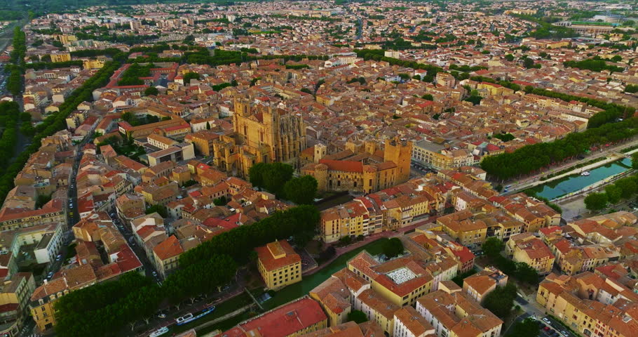 Aerial view the beautiful historic city of Montpellier in southern France, known for its architecture, charming streets, the Place de la Comedie, its old town center, and its Mediterranean atmosphere