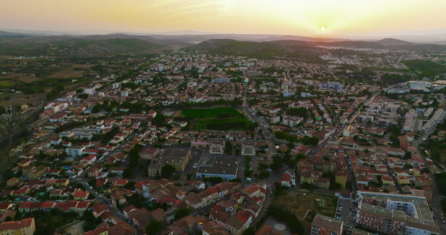 Aerial view the beautiful historic city of Montpellier in southern France, known for its architecture, charming streets, the Place de la Comedie, its old town center, and its Mediterranean atmosphere