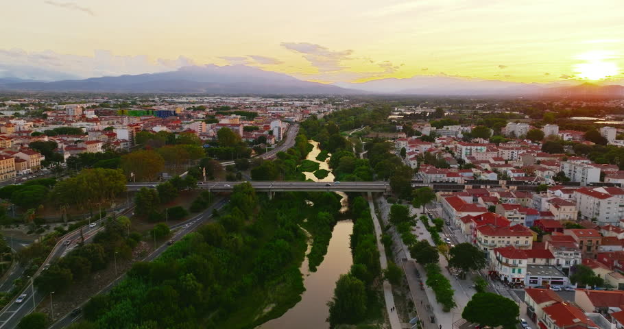 Aerial view of the beautiful historic city center of Perpignan, located in southern France near the Spanish border and the Mediterranean coast