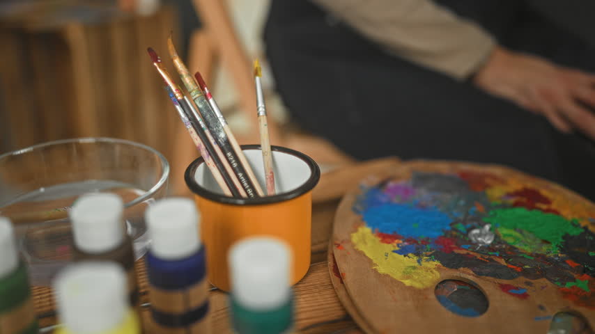 Woman painter hand picks paintbrushes from a cup beside a paint splattered palette and jars on a wooden table in studio; concentration.
