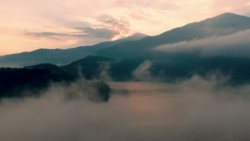 Aerial drone footage over the sun moon lake at morning in Taiwan