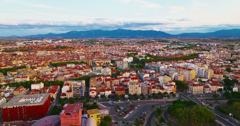 Aerial view of the beautiful historic city center of Perpignan, located in southern France near the Spanish border and the Mediterranean coast