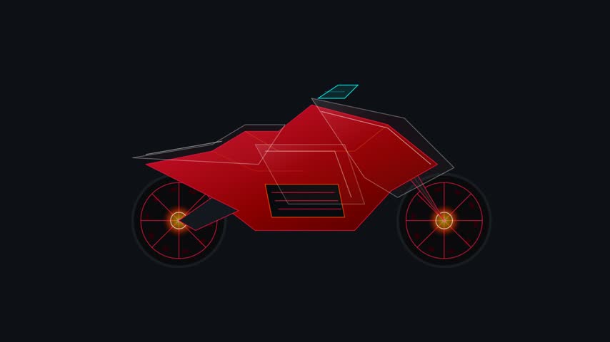 A stylized 2D vector animation of a red geometric motorcycle speeding across a dark background with motion lines and a glowing sun element.