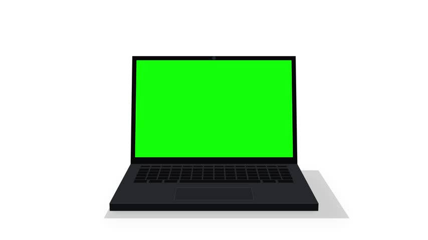 3D animation of a modern black laptop computer with a blank green screen for chroma key mockup, isolated on a clean white background.