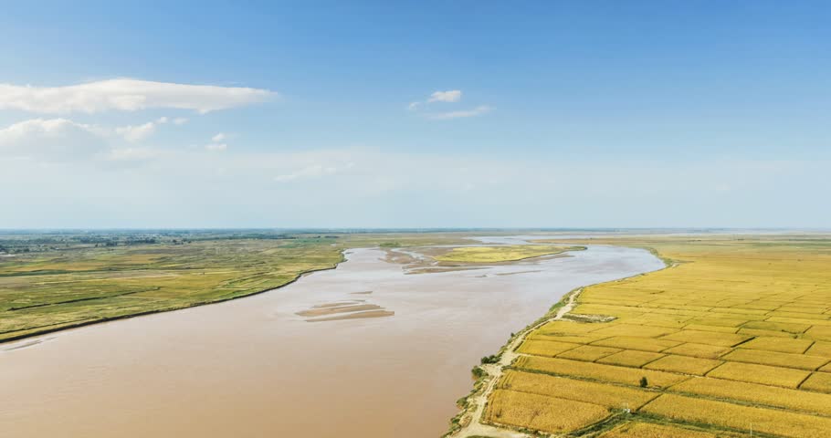 Aerial time-lapse landscape of the meandering Yellow River across Hetao Plain in Inner Mongolia, China. Muddy river water, exposed sandbars and riverbed stretch through the scene. Golden autumn crop fields spread on both river banks under bright blue sky with scattered white clouds. The view covers Balagong Town in Ordos and Dengkou County of Bayannur, showing the vast agricultural land of Yellow River basin.
