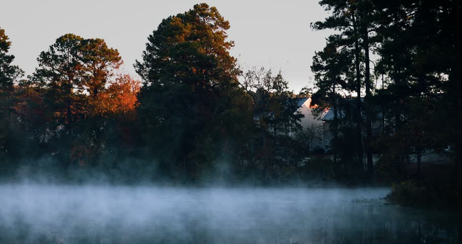 Eerie Morning Fog Drifting Over Dark Lake Near Quiet Suburban Houses